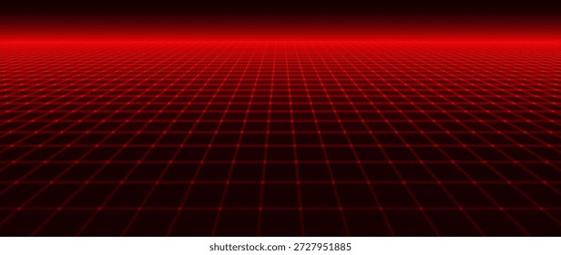 Fondo De Rejilla De Alambre Cibernético Brillante Rojo Con Líneas Láser. Fondo Del Juego De Perspectiva Futurista Retro Para Carteles, Anuncios, Fondos de pantalla. Ilustración vectorial.