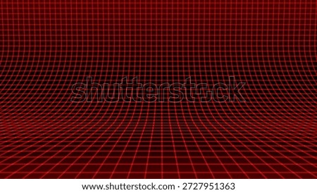 Red Glowing Cyber Wireframe Grid Background With Laser Lines. Retro Futuristic Perspective Game Backdrop For Posters, Banners, Wallpapers. Vector Illustration.