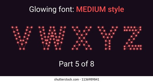 Red Glowing font in the Outline style. Vector Alphabet with Connections, Lines, Polygonal structure and Glowing knots. Medium style, part 5 with uppercase letters V W X Y Z