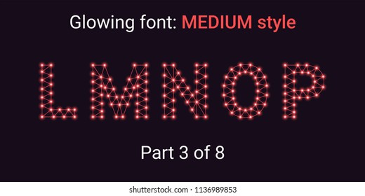 Red Glowing font in the Outline style. Vector Alphabet with Connections, Lines, Polygonal structure and Glowing knots. Medium style, part 3 with uppercase letters L M N O P