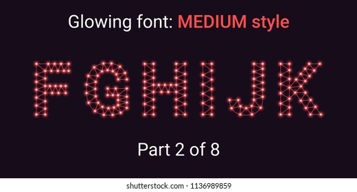Red Glowing font in the Outline style. Vector Alphabet with Connections, Lines, Polygonal structure and Glowing knots. Medium style, part 2 with uppercase letters F G H I J K