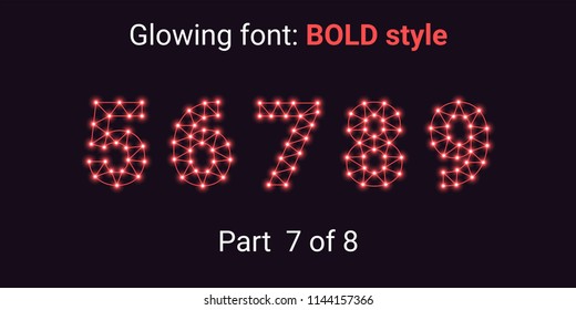 Red Glowing font in the Outline style. Vector Alphabet with Connections, Lines, Polygonal structure and Glowing knots. Bold style, part 7 with numbers 5 6 7 8 9