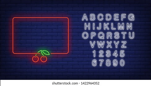 Red glowing frame neon sign. Rectangular border with cherry. Vector illustration in neon style for casino templates, slot machine, light banners and billboards