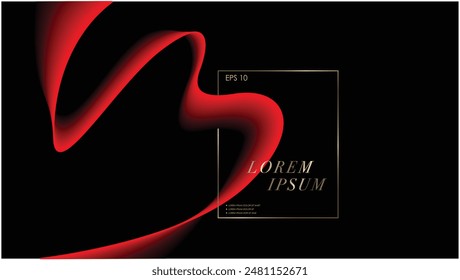 Red glowing graphic wave on black background. Luxury design template with red flowing wavy line design and text arrangement. Red Black Design system.