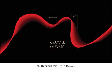 Red glowing graphic wave on black background. Luxury design template with red flowing wavy line design and text arrangement. Red Black Design system.