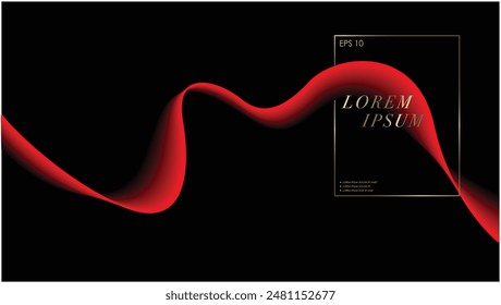 Red glowing graphic wave on black background. Luxury design template with red flowing wavy line design and text arrangement. Red Black Design system.