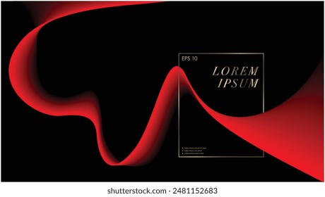 Red glowing graphic wave on black background. Luxury design template with red flowing wavy line design and text arrangement. Red Black Design system.