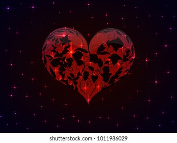 Red glowing heart with the contours of intertwined branches rose