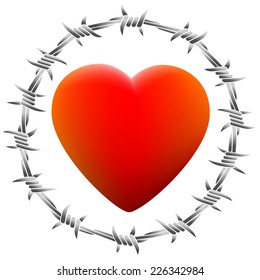 Red glowing heart surrounded by barbed wire. Isolated vector illustration on white background.