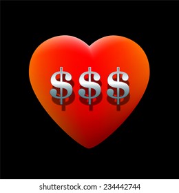 Red glowing heart with three dollar signs on it as a symbol sex trade. Isolated vector illustration over black background.