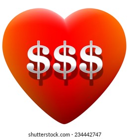 Red glowing heart with three dollar signs on it. Isolated vector illustration over white background.