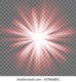 Red glowing light. Bright shining star. Bursting explosion. Transparent background. Rays of light. Glaring effect with transparency. Abstract glowing light background. Vector illustration.