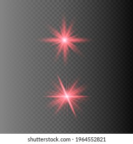 Red glowing light explodes on a transparent background. Sparkling magical dust particles. Bright Star. Transparent shining sun, bright flash. Vector sparkles. To center a bright flash