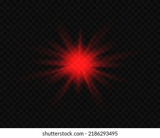 Red glowing light explodes on a transparent background. Sparkling magical dust particles. Bright Star. Transparent shining sun, bright flash. Vector sparkles. To center a bright flash