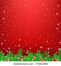 Red glowing light and green spruce snow background. Falling snowflakes fir tree parts toys pine cones holiday backdrop. Christmas winter decoration design template