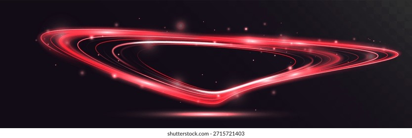 Rastro de luz brillante roja que forma forma un vórtice curvado abstracto con líneas de movimiento suaves y partículas brillantes sobre fondo oscuro.