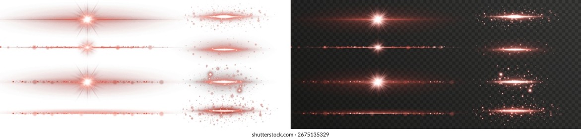 Red glowing line with sparkling highlights and dynamic motion blur. Transparent background light effect for use in banners, apps, and visual design.