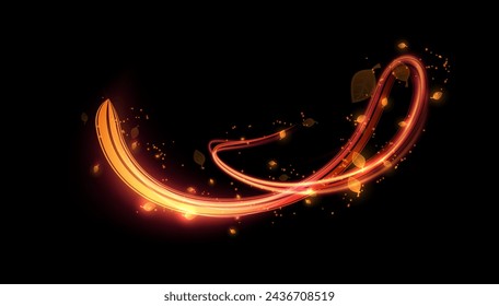 Red glowing magic swirl game effect with sparks leaves vector illustration. Luminous speed line, shiny movement ray. Light trail wave, fire trace twirl. Fabulous flying sparkling flash