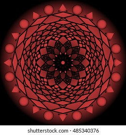 Red glowing mandala on black background. Vector circle mandala for energy and power obtaining.