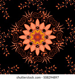 Red glowing mandala on black background. Vector circle mandala.