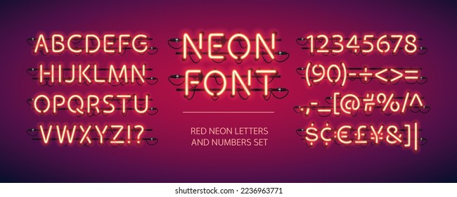 Red Glowing Neon Font. Letters, numbers, financial symbols and punctuation included.