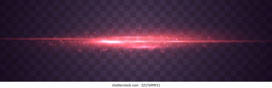 Red glowing neon line. Laser beams, speed rays. Glowing lines with sparkles. Luminous abstract sparkling lined background. Blurred light trails. Effect bokeh. Horizontal lens flares pack. Vector	