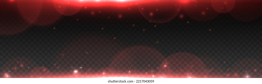 Red glowing neon line. Luminous abstract sparkling lined background. Horizontal lens flares pack. Blurred light trails. Laser beams, speed rays. Glowing lines with sparkles. Effect bokeh. Vector	