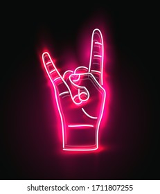 Red glowing neon sign of rock hand gesture. Rock and roll music concept for poster or flyer design. Vector illustration.