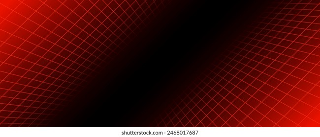 Red glowing neon wireframe background. Shining checkered diagonal grid planes in perspective. Retro futuristic depth wallpaper. Arcade game sci fi matrix surface backdrop for poster, banner. Vector