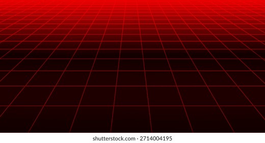 Fondo de alambre de neón brillante rojo. Brillantes planos de cuadrícula a cuadros diagonales en perspectiva. Fondo de pantalla retro futurista. Arcade juego de ciencia ficción matriz de superficie de telón de fondo para póster, Anuncio. Vector