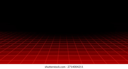 Red glowing neon wireframe background. Shining diagonal checkered grid planes in perspective. Retro futuristic depth wallpaper. Arcade game sci fi matrix surface backdrop for poster, banner. Vector