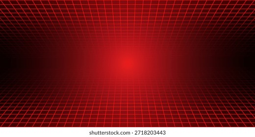 Fondo de alambre de neón brillante rojo. Brillantes planos de cuadrícula a cuadros diagonales en perspectiva. Fondo de pantalla retro futurista. Arcade juego de ciencia ficción matriz de superficie de telón de fondo para póster, Anuncio. Vector	