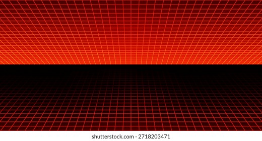 Fondo de alambre de neón brillante rojo. Brillantes planos de cuadrícula a cuadros diagonales en perspectiva. Fondo de pantalla retro futurista. Arcade juego de ciencia ficción matriz de superficie de telón de fondo para póster, Anuncio. Vector	