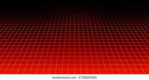 Fondo de alambre de neón brillante rojo. Brillantes planos de cuadrícula a cuadros diagonales en perspectiva. Fondo de pantalla retro futurista. Arcade juego de ciencia ficción matriz de superficie de telón de fondo para póster, Anuncio. Vector	