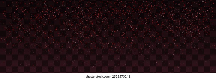 Red glowing particles floating on transparent background. Abstract glittering dust, shiny sparkles, and bokeh effects