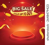 Red glowing podium with gold elements, perfect for e-commerce discounts, flash sales, and marketing campaigns.