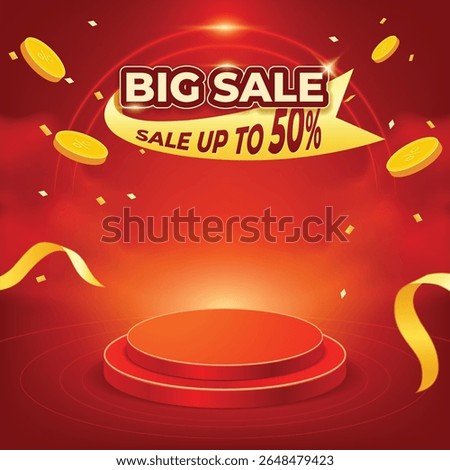 Red glowing podium with gold elements, perfect for e-commerce discounts, flash sales, and marketing campaigns.