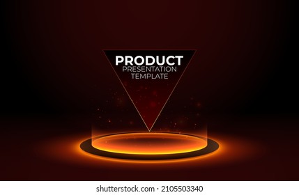 Red glowing ring on floor. Circle podium or teleport. Futuristic product stand template for pc gaming accessories. Red abstract hi-tech background for display technology product. Editable vector