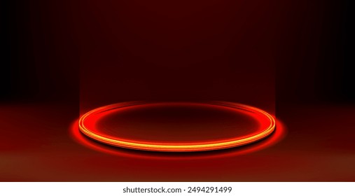 Red glowing ring on floor. Circle podium or teleport. Futuristic product stand template for pc gaming accessories. Red abstract hi-tech background for display technology product. Editable vector