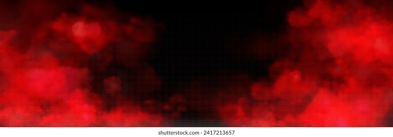 Red glowing smoke cloud with overlay effect on dark transparent background. Realistic vector illustration of bloody smoky mist or chemical toxic haze. Mystery dramatic creepy bloody steam or fog.