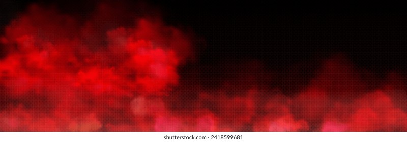 Red glowing smoke cloud with overlay effect on dark transparent background. Realistic vector illustration of bloody smoky mist or chemical toxic haze. Mystery dramatic creepy bloody steam or fog.