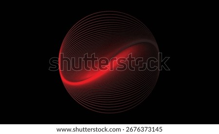 Red Glowing Sphere with Curved Neon Lines on Black Background, Futuristic Digital Energy Orb, Modern Geometric Wave Light Effect Wallpaper Design