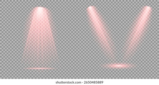 Raio de luz de estágio vermelho brilhante isolado em fundo transparente vazio. Conjunto vetorial de holofote isolado e iluminação de estúdio para seus designs em tons de vermelho. Ilustração iluminada do efeito de destaque.