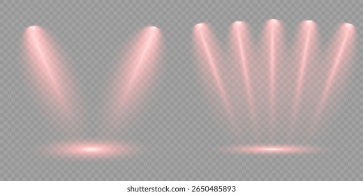 Red glowing stage light ray isolated on empty transparent background. Vector Set of Isolated Spotlight and Studio Lighting for Your Designs in Shades of red. Spotlight effect illuminated illustration.