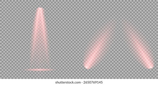 Raio de luz de estágio vermelho brilhante isolado em fundo transparente vazio. Conjunto vetorial de holofote isolado e iluminação de estúdio para seus designs em tons de vermelho. Ilustração iluminada do efeito de destaque.