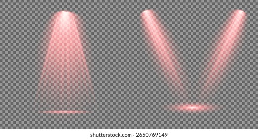 Raio de luz de estágio vermelho brilhante isolado em fundo transparente vazio. Conjunto vetorial de holofote isolado e iluminação de estúdio para seus designs em tons de vermelho. Ilustração iluminada do efeito de destaque.