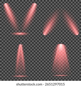 Red glowing stage light ray isolated on empty transparent background. Vector Set of Isolated Spotlight and Studio Lighting for Your Designs in Shades of red. Spotlight effect illuminated illustration.