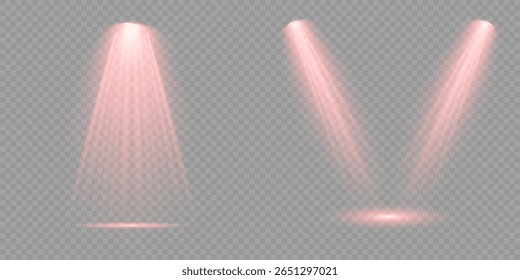 Raio de luz de estágio vermelho brilhante isolado em fundo transparente vazio. Conjunto vetorial de holofote isolado e iluminação de estúdio para seus designs em tons de vermelho. Ilustração iluminada do efeito de destaque.