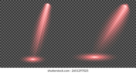 Raio de luz de estágio vermelho brilhante isolado em fundo transparente vazio. Conjunto vetorial de holofote isolado e iluminação de estúdio para seus designs em tons de vermelho. Ilustração iluminada do efeito de destaque.