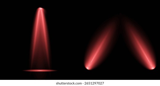 Raio de luz de estágio vermelho brilhante isolado em fundo transparente vazio. Conjunto vetorial de holofote isolado e iluminação de estúdio para seus designs em tons de vermelho. Ilustração iluminada do efeito de destaque.